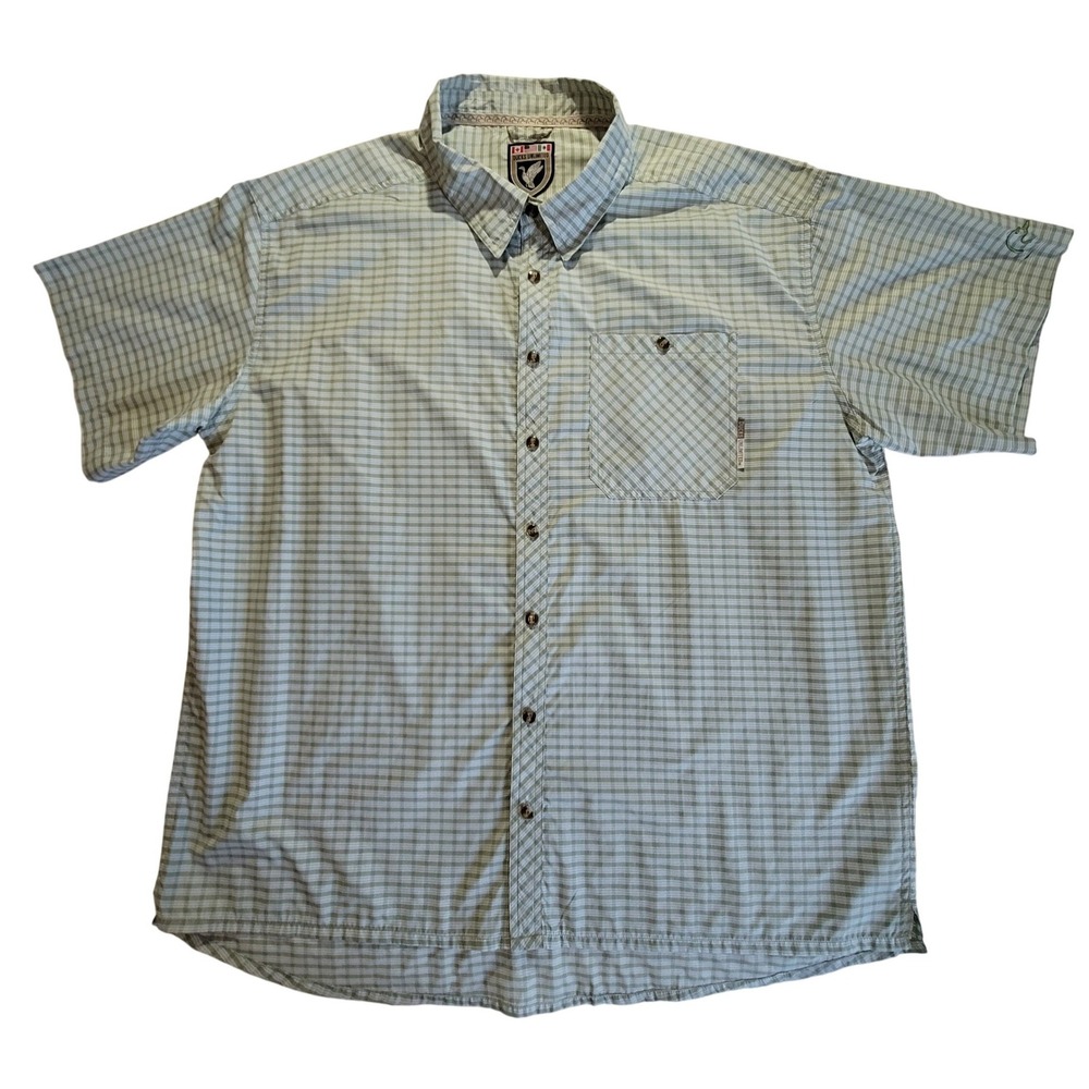 Ducks Unlimited Button Up Shirt Mens 2XL Green Plaid Short Sleeve Fishing Casual